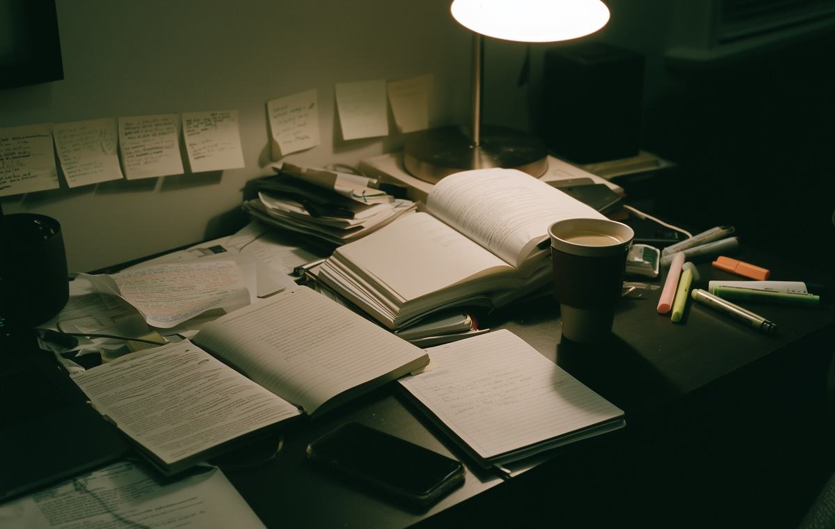 A writing desk under a lamp, open notebooks and notes on the wall.
